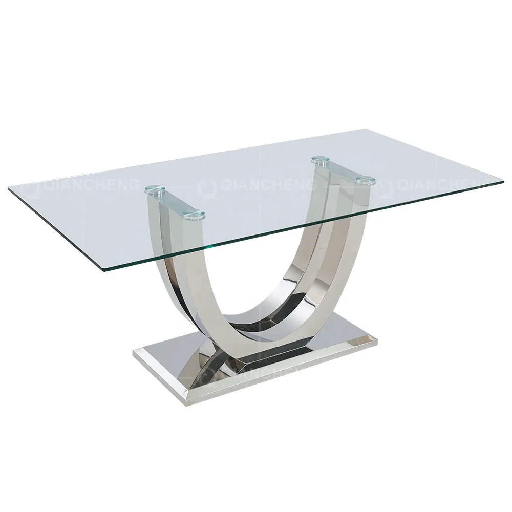 restaurant rectangle stainless steel  dining table Modern dining room furniture mirrored tempered glass dining table set