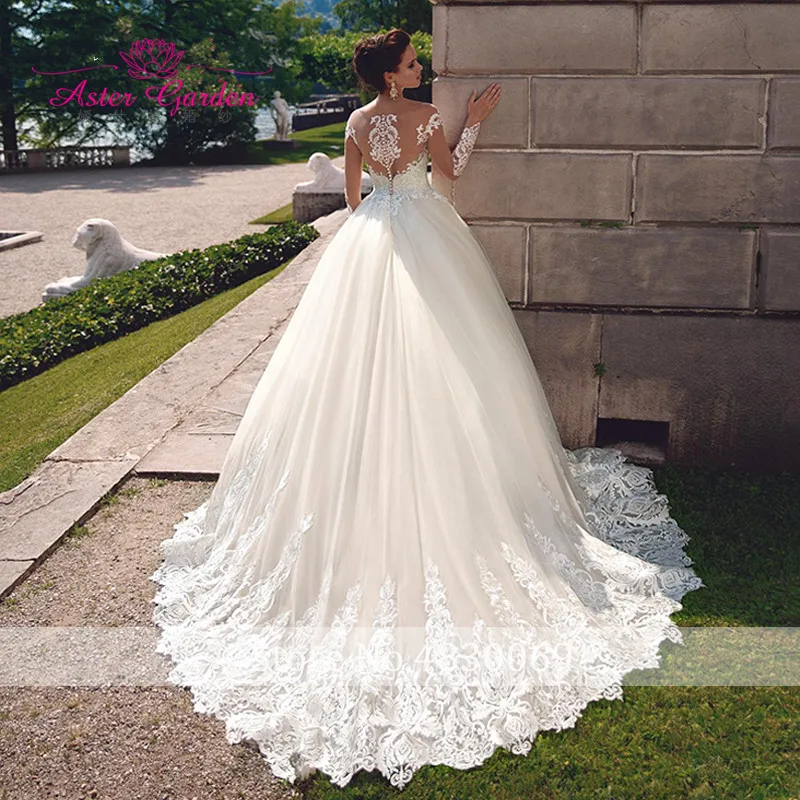 Aster garden Illusion A-Line Wedding Dress Invisible Neckline Long Sleeve Bridal Dresses Court Train Elegant Princess Bride Gown