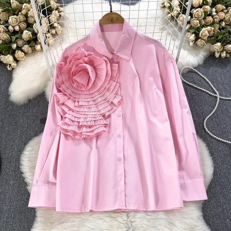 Custom Autumn Fashionable Long Sleeve Sweet Blouse Flower Decoration Loose Shirt For Women Casual Korean Style Top Outwear