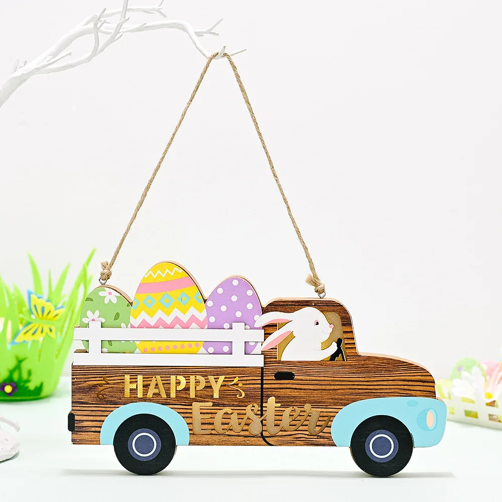 Christian Easter Holiday Decoration Colgante De Madera De Pascua Big Truck Design With LED Lights Wooden Home Door Hangings