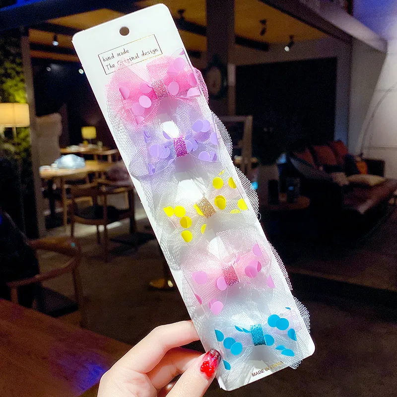 5pcs/Set Cute Flower Shape Hair Pin Mesh Fabric Rainbow Polka Dots Double Bow Hair Pin Set For Girls