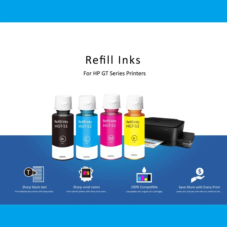 WEL-TRY T51 GT 51 52 GT52  Black Compatible Bottle Water Based Refill Ink Tinta for HP 510 500 515 610 615 514 517 532 Printer