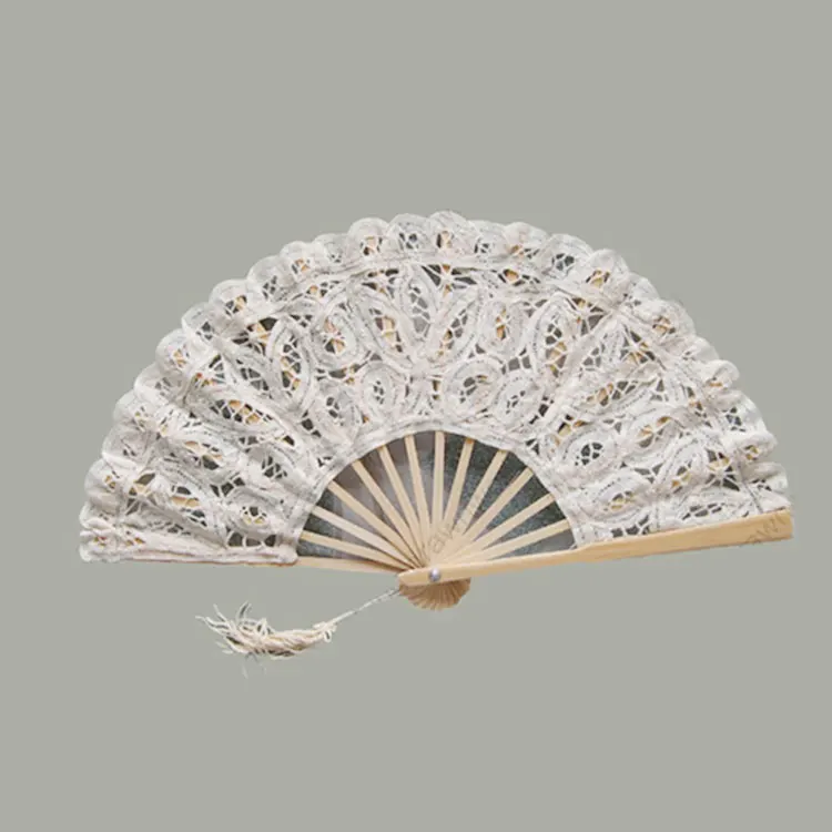 
Folding Handmade White Customized Fabric Bamboo Bulk Wedding Lace Hand Fans 