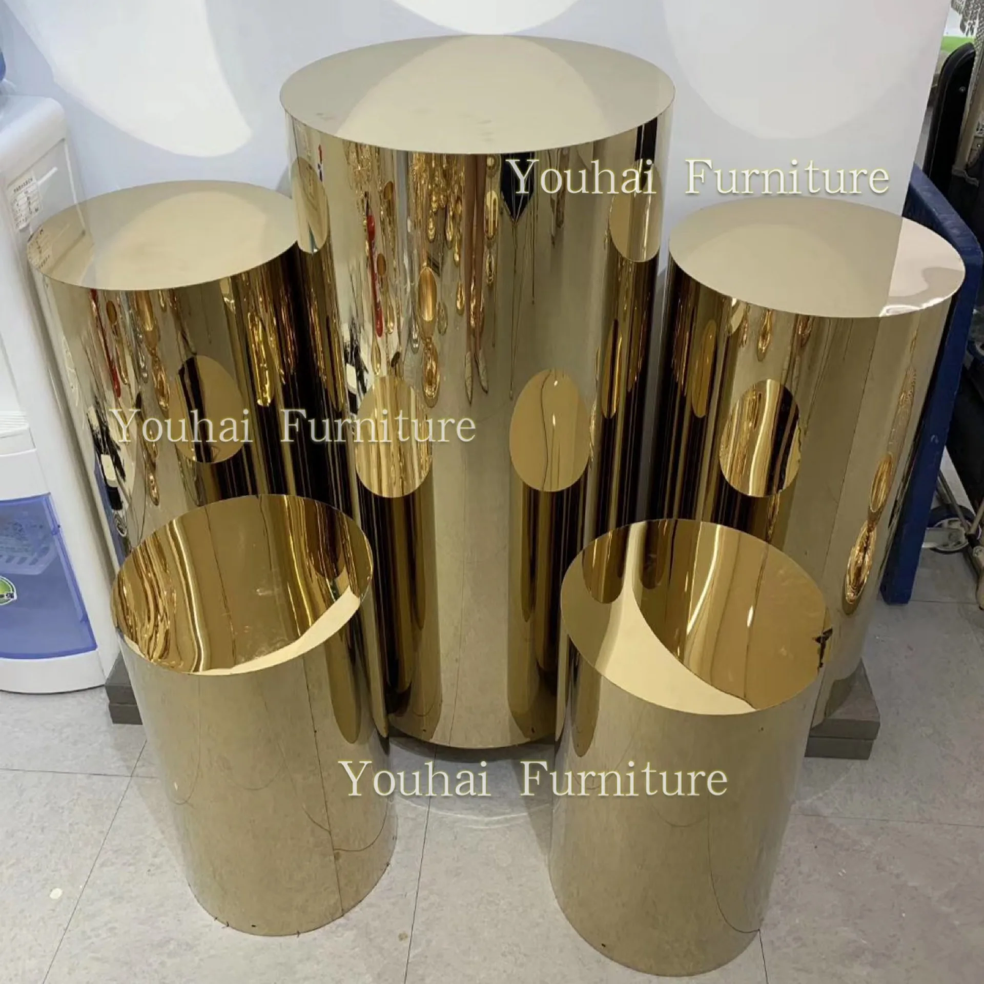 Customized Mirror Wedding Gold Stainless Steel Round Cylinder Plinth For Wedding Decoration