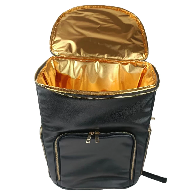 Manufacturer Wholesale Commercial Quality Insulated Food Delivery Waterproof PU Leather Golden Aluminum Foil Backpack Cooler