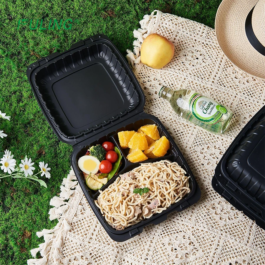 FULING Restaurant 9x9 inch 3 compartment MFPP Hinged Container r Disposable Eco Friendly Clamshell Takeout Food Container