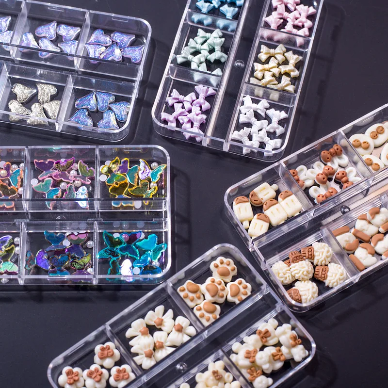 TSZS 6 Grids Resin Butterfly Flower Bow 3D Nail Art Charms Cute Butterflies Heart Colorful Nail Art Decoration