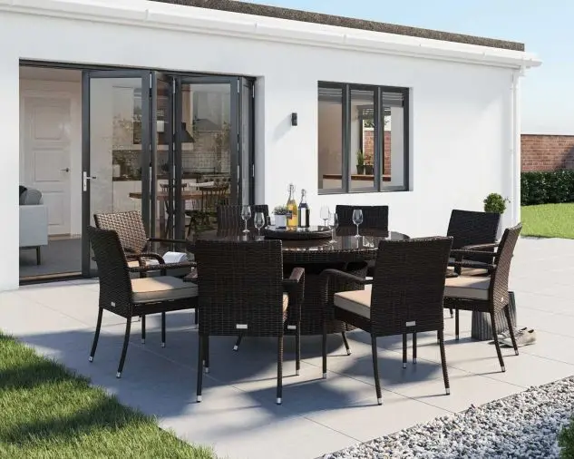 Roma 8 Rattan Garden Chairs, Large Round Dining Table and Lazy Susan Set in Chocolate and Cream