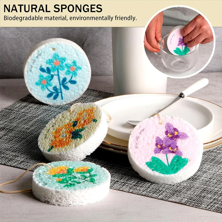 Hot-Selling Custom Eco-Friendly Absorbent Kitchen Cleaning Printing Cellulose Sponge Wood Pulp Cotton Dish washing Sponge