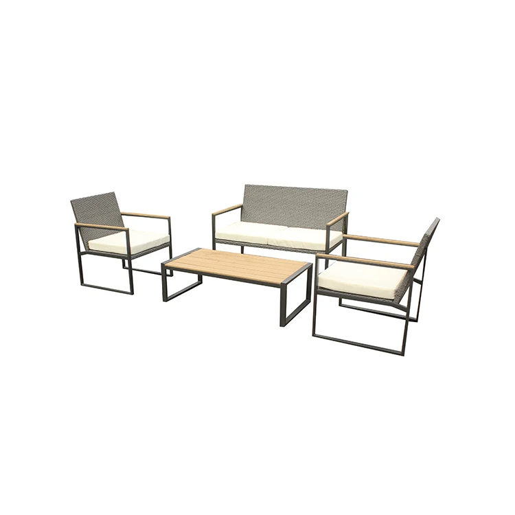 4 pcs synthetic rattan all weather KD metal patio rattan sofa set outdoor rattan garden sofa sets with PS wood on armrest