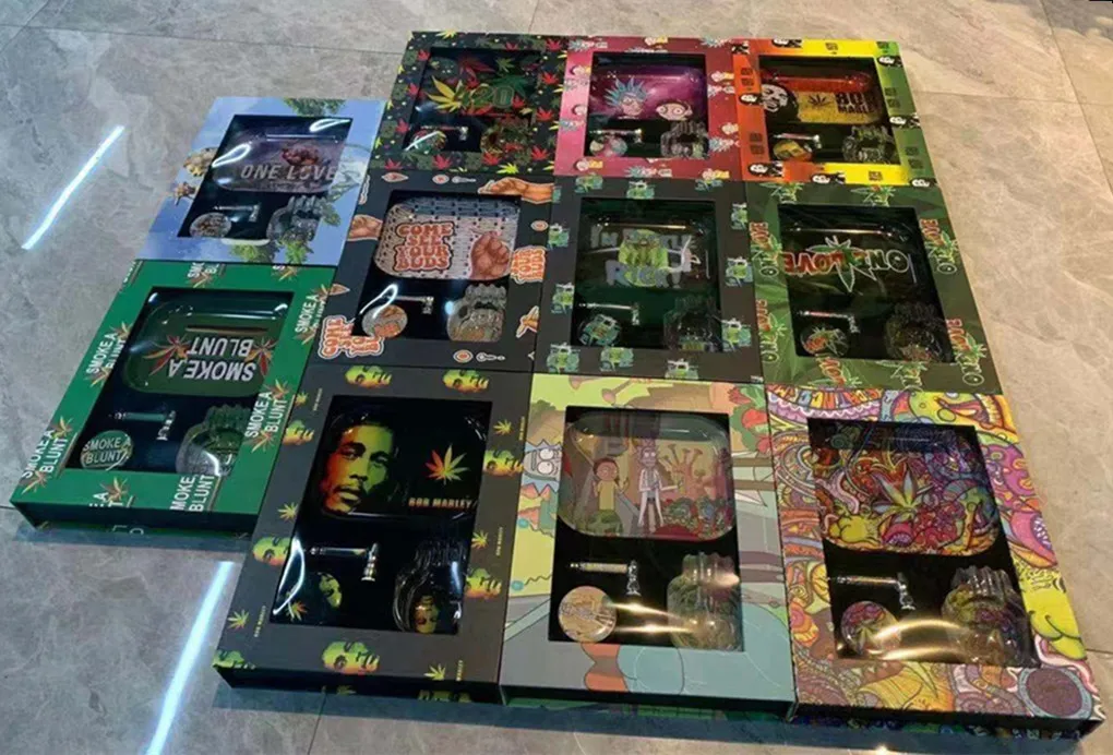 Factory Price Rolling Tray Bundle 4 In 1 Accessories Set Comes With Cigarette Tray Glass Ashtray Herb Grinder Metal Pipe