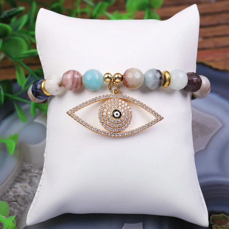 Hot Sale Gemstone Round Bead with Frog Eye Hand Pendant Gold Plated Copper Bracelet Fashion Trendy Jewelry