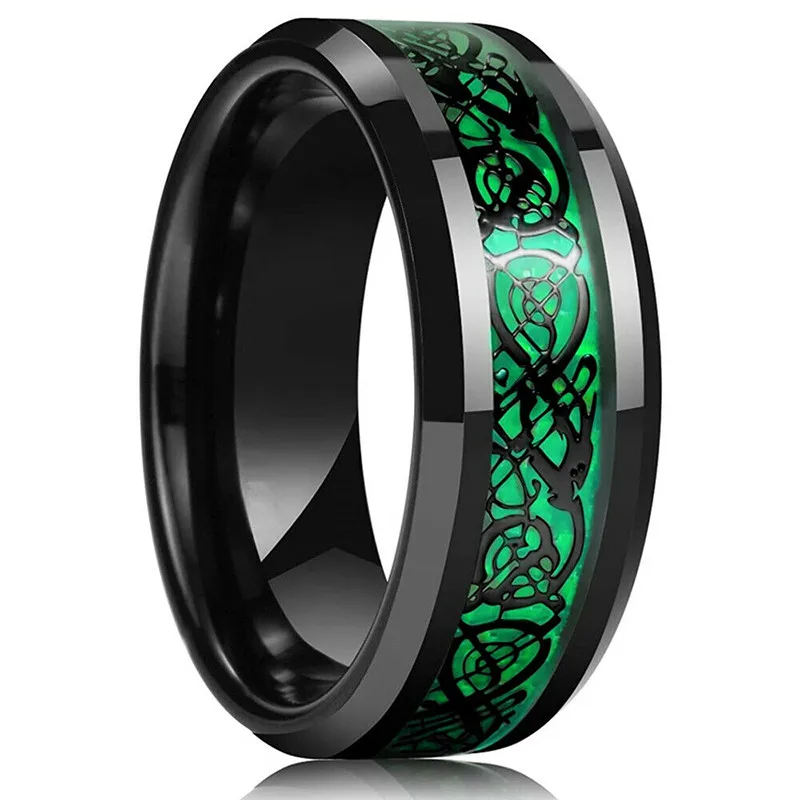 Fashion Black Tungsten Wedding Celtic Dragon Rings For Men Inlaid Green Zircon Punk Men Stainless Steel Green Carbon Fibre Ring