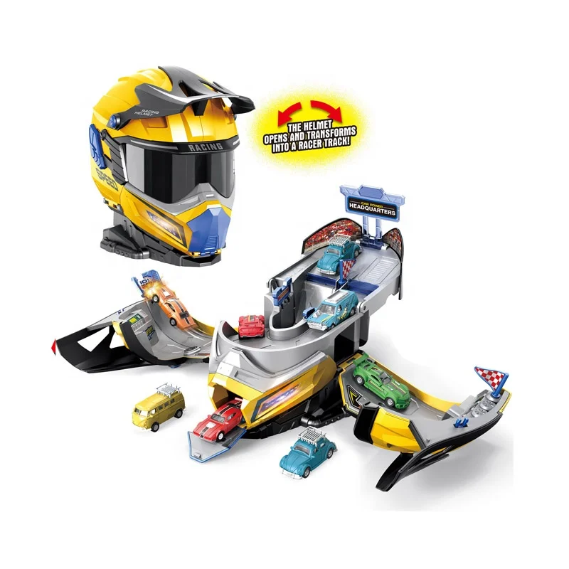 KUNYANG new creative helmet transforming kids game garage fire rescue car game plastic electric track toy parking lot toys sale