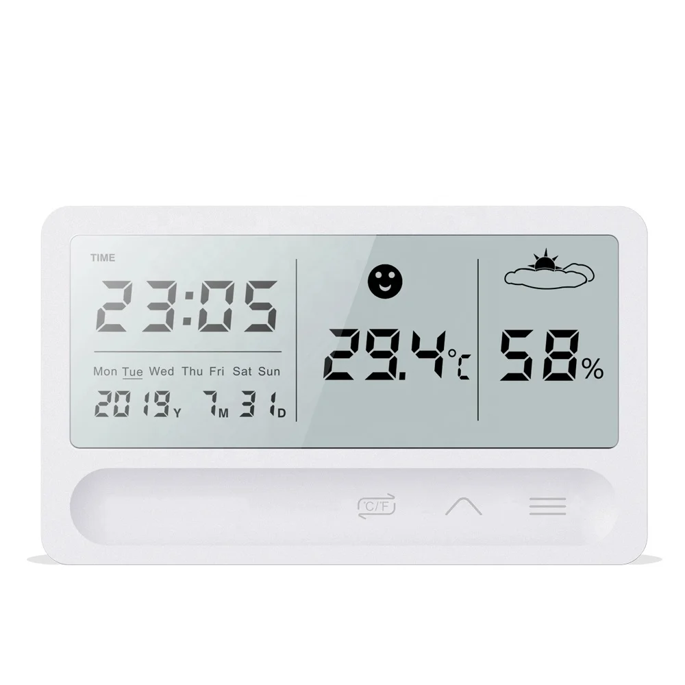 Upgraded Version Plastic Touch Rechargeable Mini LCD Electronic Digital Thermometer Hygrometer With Weather Alarm Clock