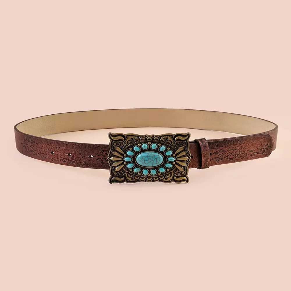Retro ethnic belt square turquoise print alloy buckle fashion brown pu belt