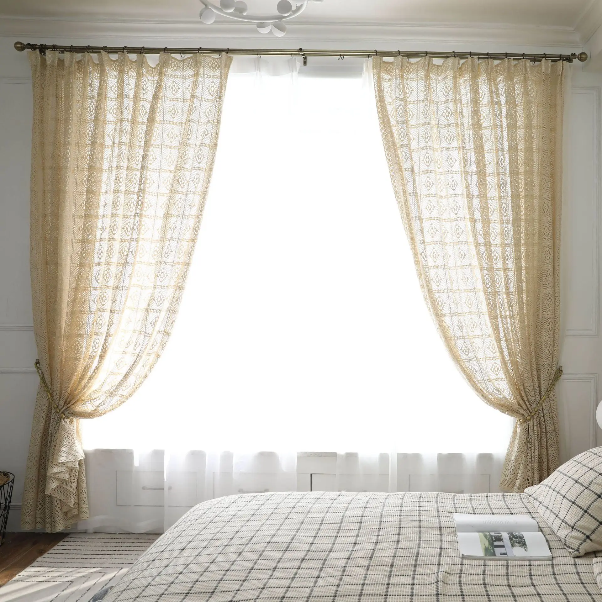 Wholesale Polyester Cotton Fabric American Pastoral Style Handmade Crochet Curtains Living Room Bohemian Style Printed Curtain
