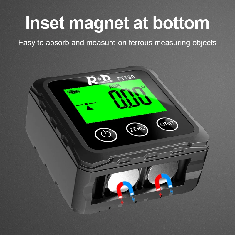 R&D PT180 Mini Electronic Goniometer Measuring Tool Inclinometer Level Box Small Magnetic Gauge Angle Meter Digital Protractor