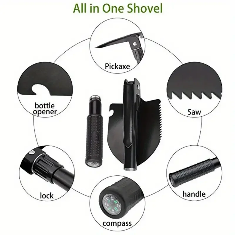 Factory Wholesale Outdoor Hiking Camping Survival Spade 5-in-1 Multifunctional Tactical Folding Shovel With Compass