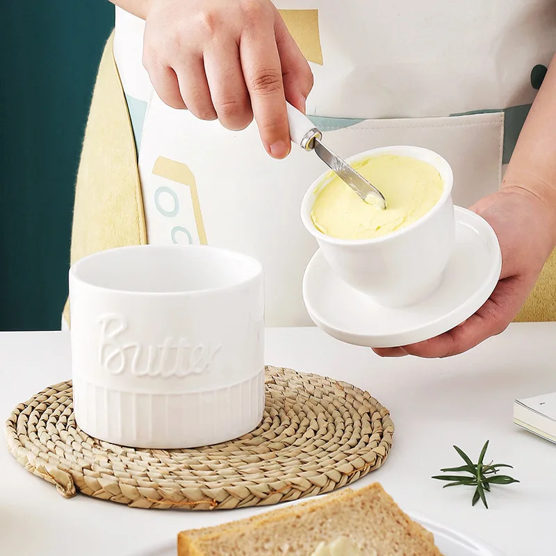 Porcelain French Butter Crock for Counter with Water for Soft Butter