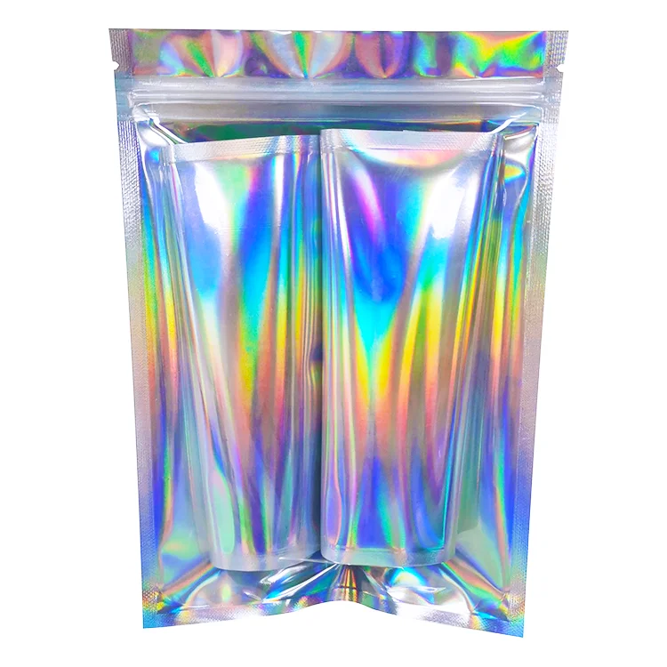 custom resealable front clear window zipper lock holographic laser packaging bags mylar baggies
