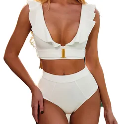 High Quality Ruffled Belt Ribbed Fabric Trendy Designers Swimwear Sexy Bikini Two Pice Bathing Suits For Women