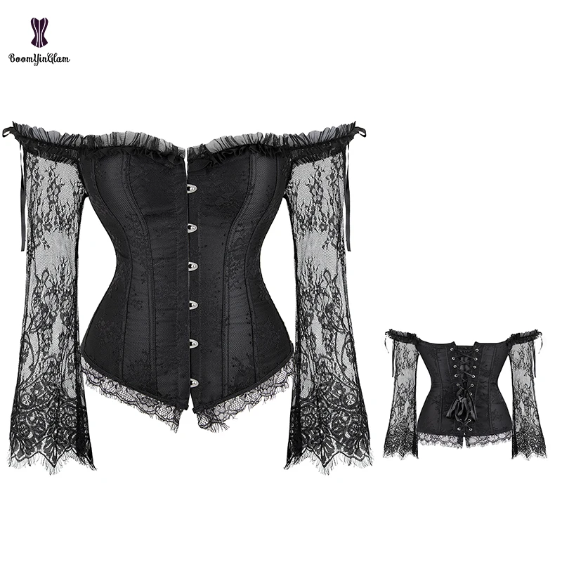 Front 6 Busk Clip Back Lacing Bandage Strapless Korset Vintage Gothic Bodices Red Corset Women Top Bustier With Long Sleeves