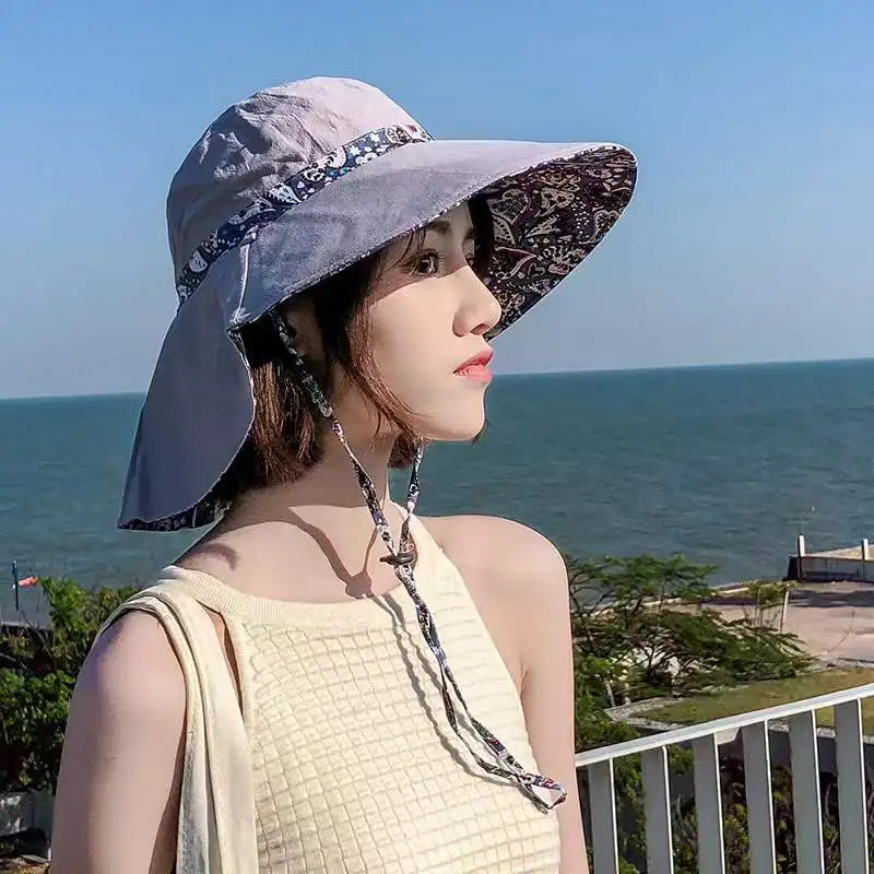 Reversible All Over Print Cotton Bucket Hat Finished With  Printed Fabric Neck Tie Beach Hat