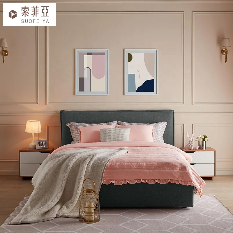 Suofeiya Girls Furniture Pink Round Bed Design Nordic Ins Style Fabric New Bedroom Furniture Fabric Antique Rice White/Dark Gray