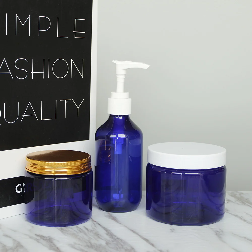 Wholesale 2 oz Blue Round Plastic Cosmetic Jar with White Screw Lids for Makeup Cream eye face cream