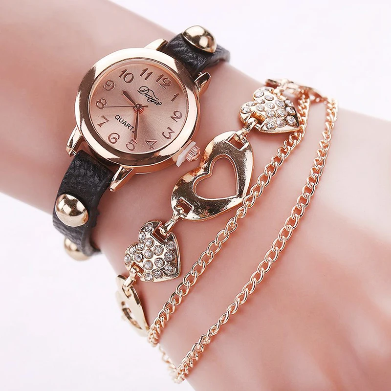 Fashion Watches Women Luxury Heart Leather Wristwatches Ladies Bracelet Chain Quartz Clock Gift