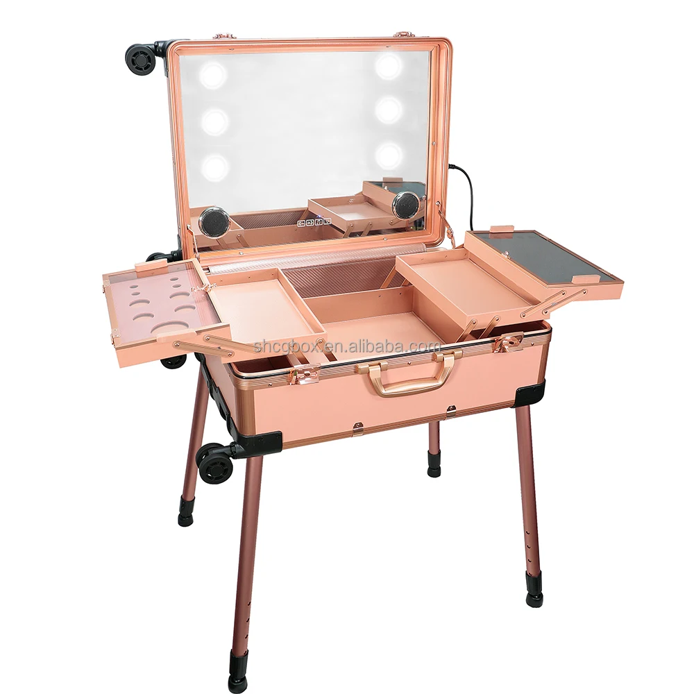 Aluminum 4 Wheels Professional Rolling Cosmetic Makeup Suitcase Train Case With Lighted Mirror LED Light Trolley case
