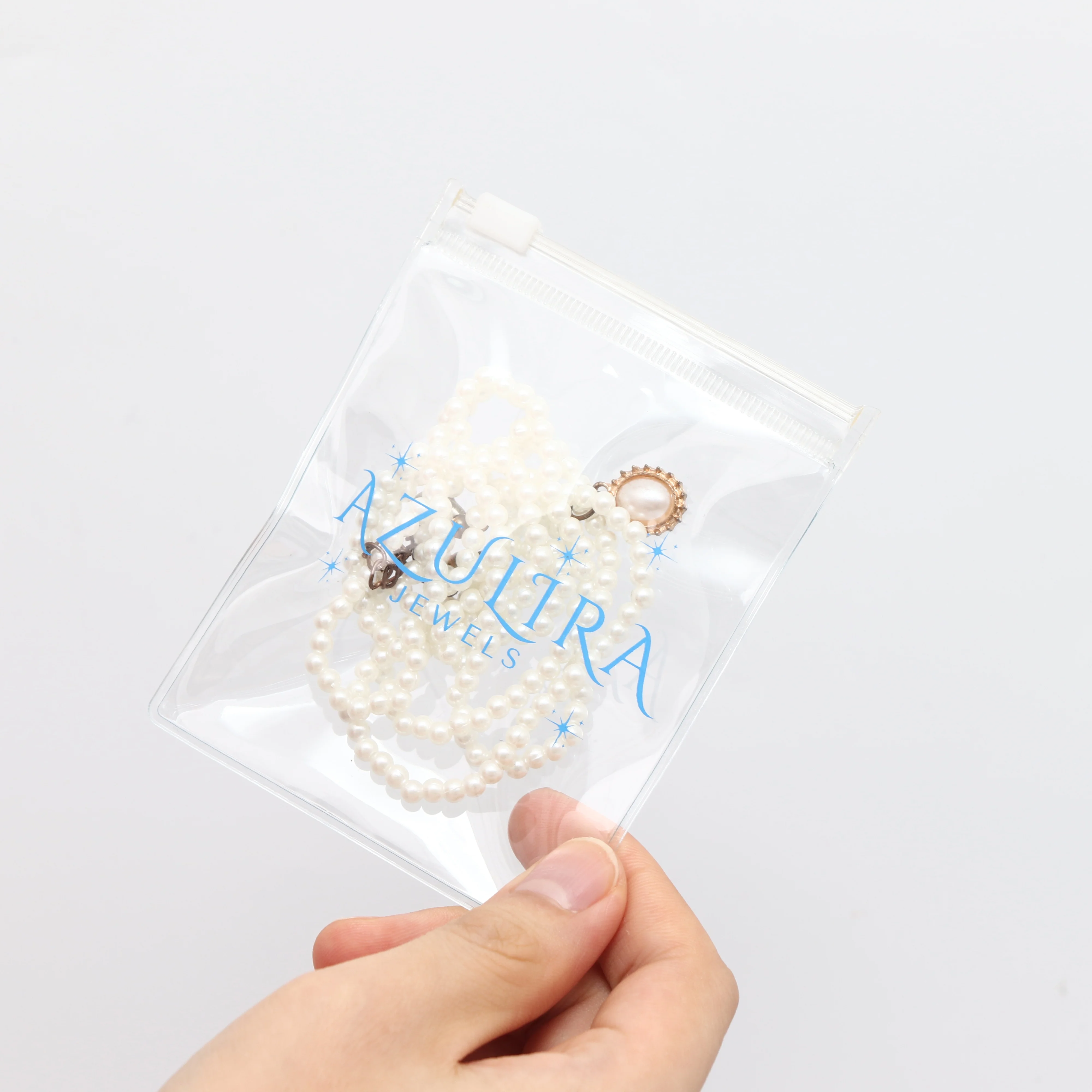 Custom clear transparent vertical pvc plastic zipper bag with logo print for luxury woman necklace jewels storage ziplock pouch