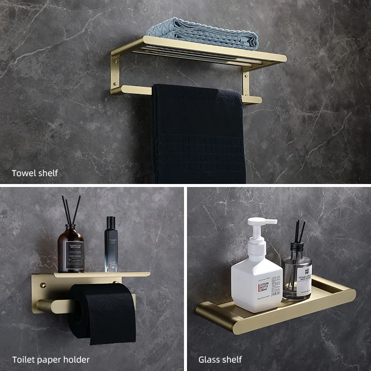 Brushed Gold SUS 304 Wall-mounted Shelf Stainless Steel Towel Holder Racks Bathroom Accessories Sets For Hotel Toilet Complete