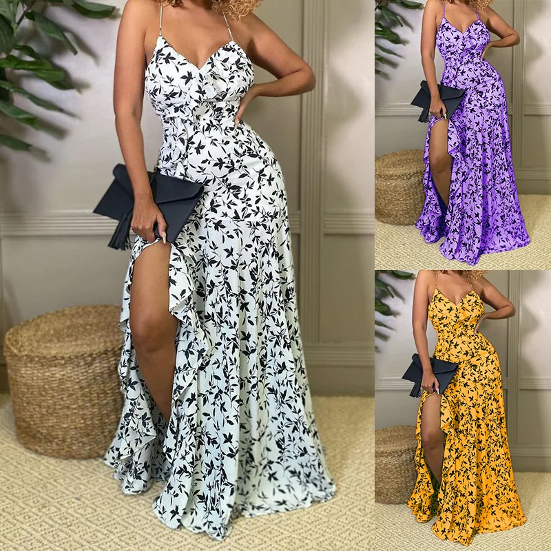 Summer Fashion Long Casual Printed Maxi Lady Elegant Clothing Strappy Floral Dresses Women