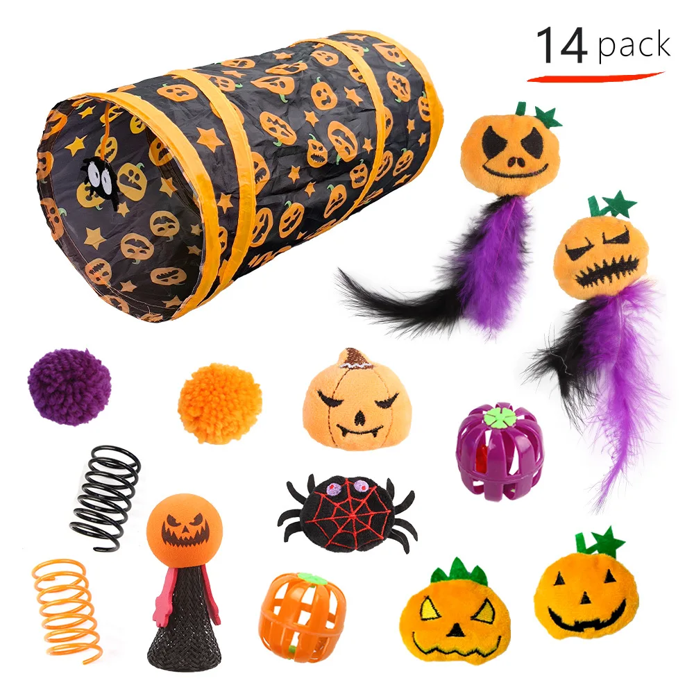 Wholesale Pet Cat Toys Set Luxury Feather Pumpkin Spider Ball Bell Mouse Teaser Interactive Halloween Pet Cat Tunnel Toys Set