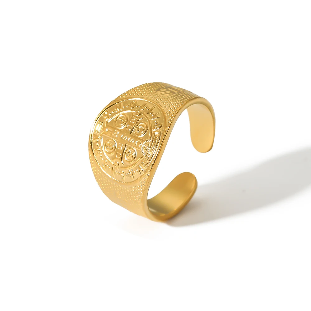 Plated Jesus Saint Benedict Women Opening Ring Catholic Religious Jewelry Gold Stainless Steel for Men 18K Trendy Opp Bag Party