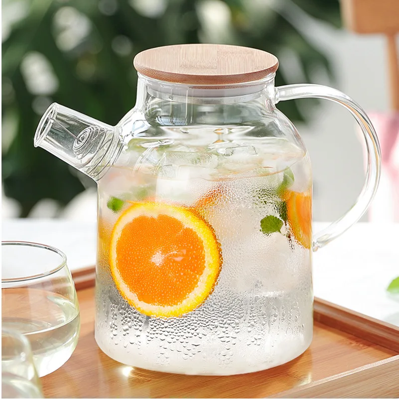 large capacity high borosilicate clear glass jug juice water teapot with bamboo steel lid