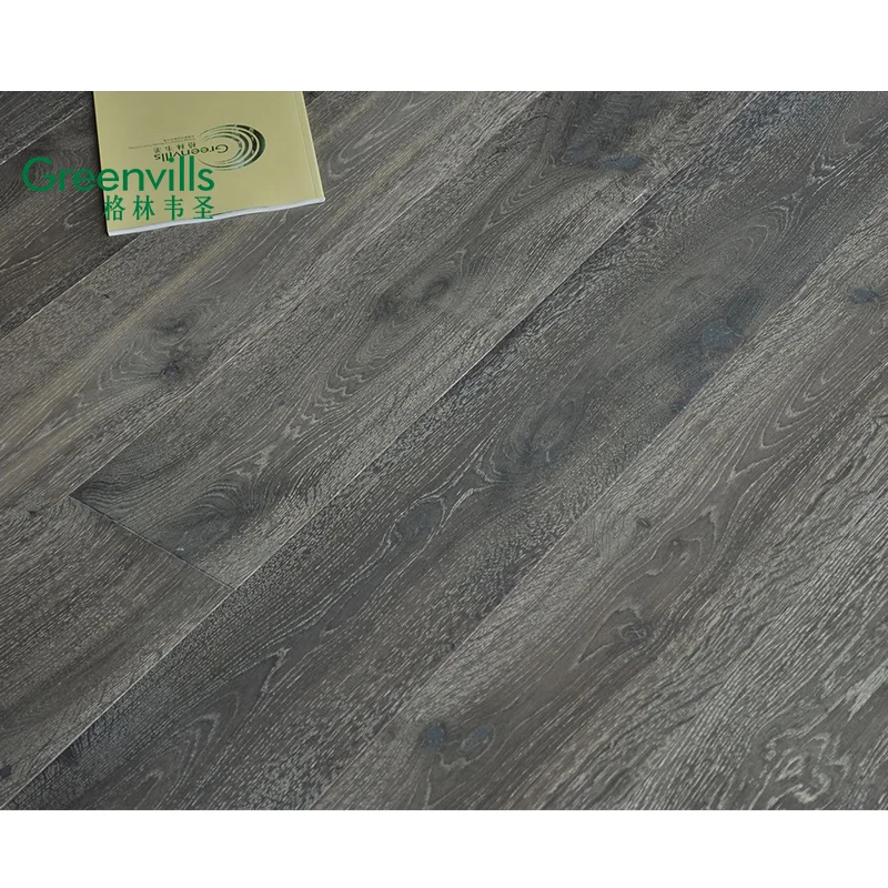 black stained wire brushed European oak engineered wood flooring Guangzhou factory