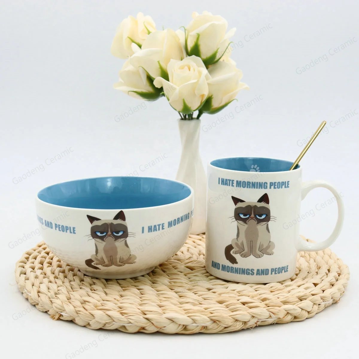 Cartoon cute cat fine ceramic tableware dinnerware household dishes set ins cute animal dinnerware set