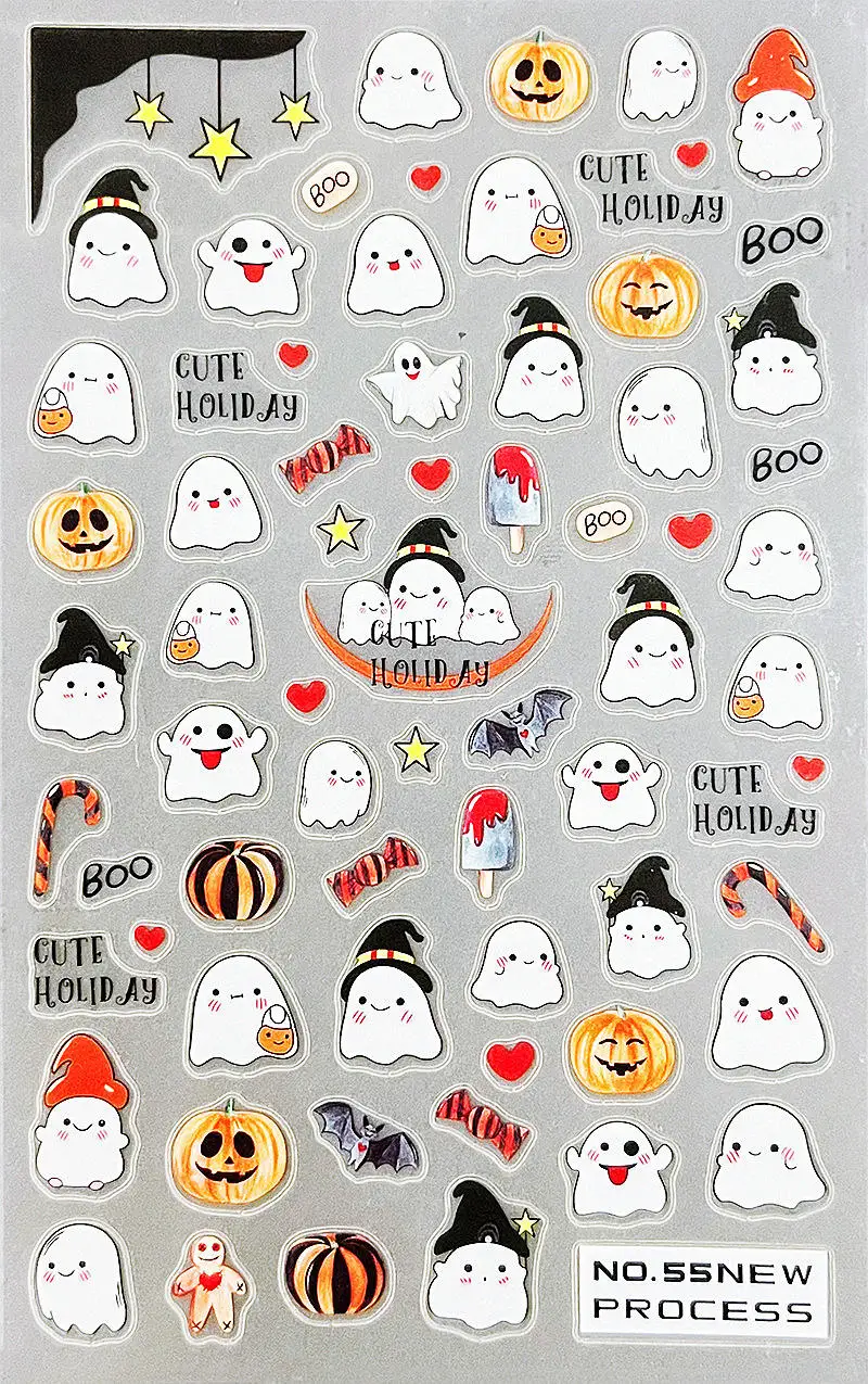 Halloween Pink Pumpkin Nail Stickers 3D Cute Skull Ghost Nail Slider Evil Eye Spider Nail Decals Art Decorations