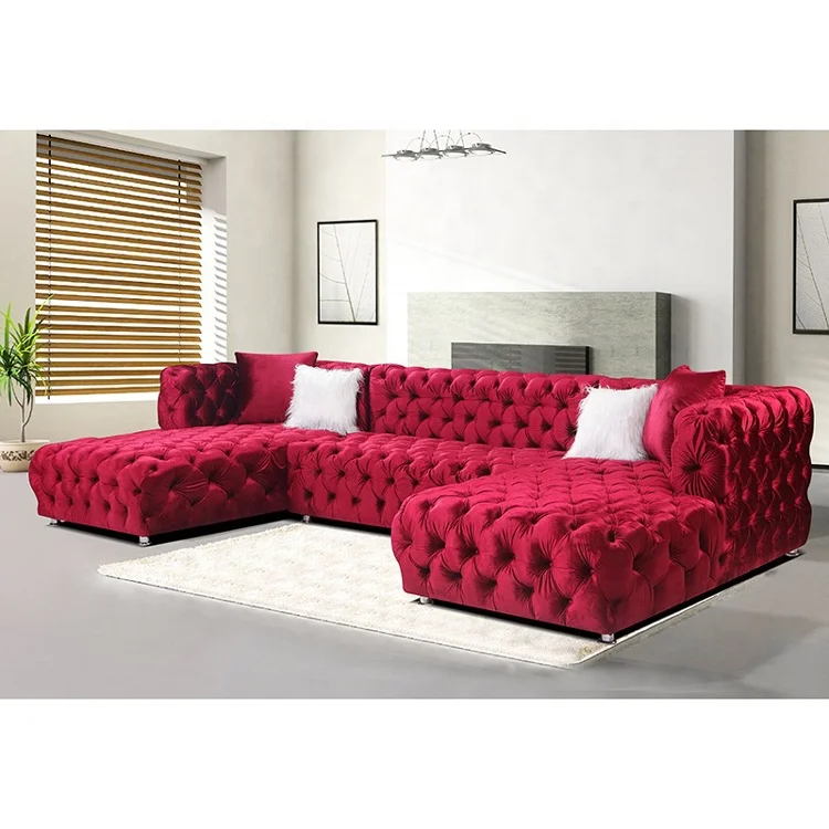 Fabric tufted chesterfield sectional sofa velvet upholstery fabric sofa set furniture