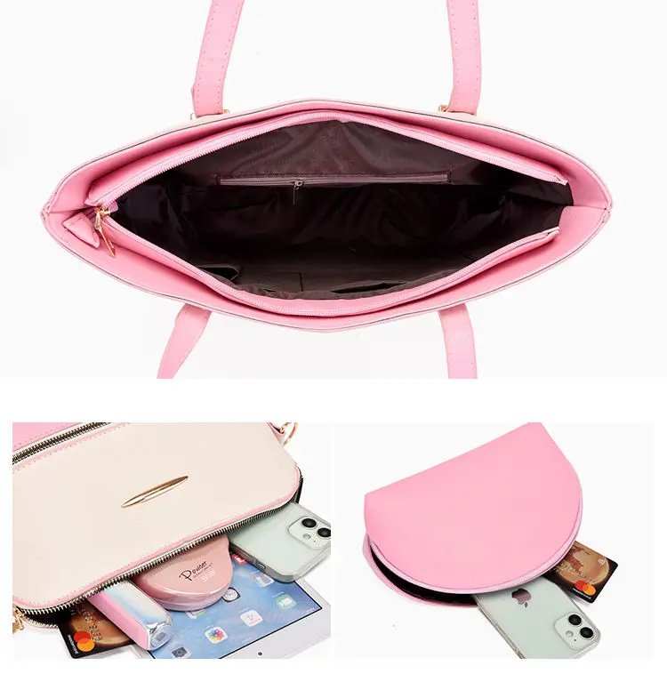 3 in 1 Wholesale Cheap High Quality Clutch Tote HandBag Set Torba Damska Large Capacity Pink Pu Hand Bags Ladies Handbags Set