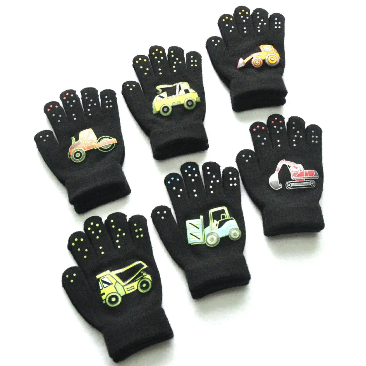 5-11 year old children warm outdoor sport velvet thickened gloves in winter cartoon engineering car pattern knitted gloves