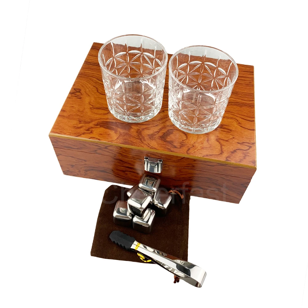 Lower MOQ Stainless Steel Whiskey Cooling Ice Cube Stones And Glass Wooden Box Gift Set Have With 2 Glasses Metal Whiskey Stones