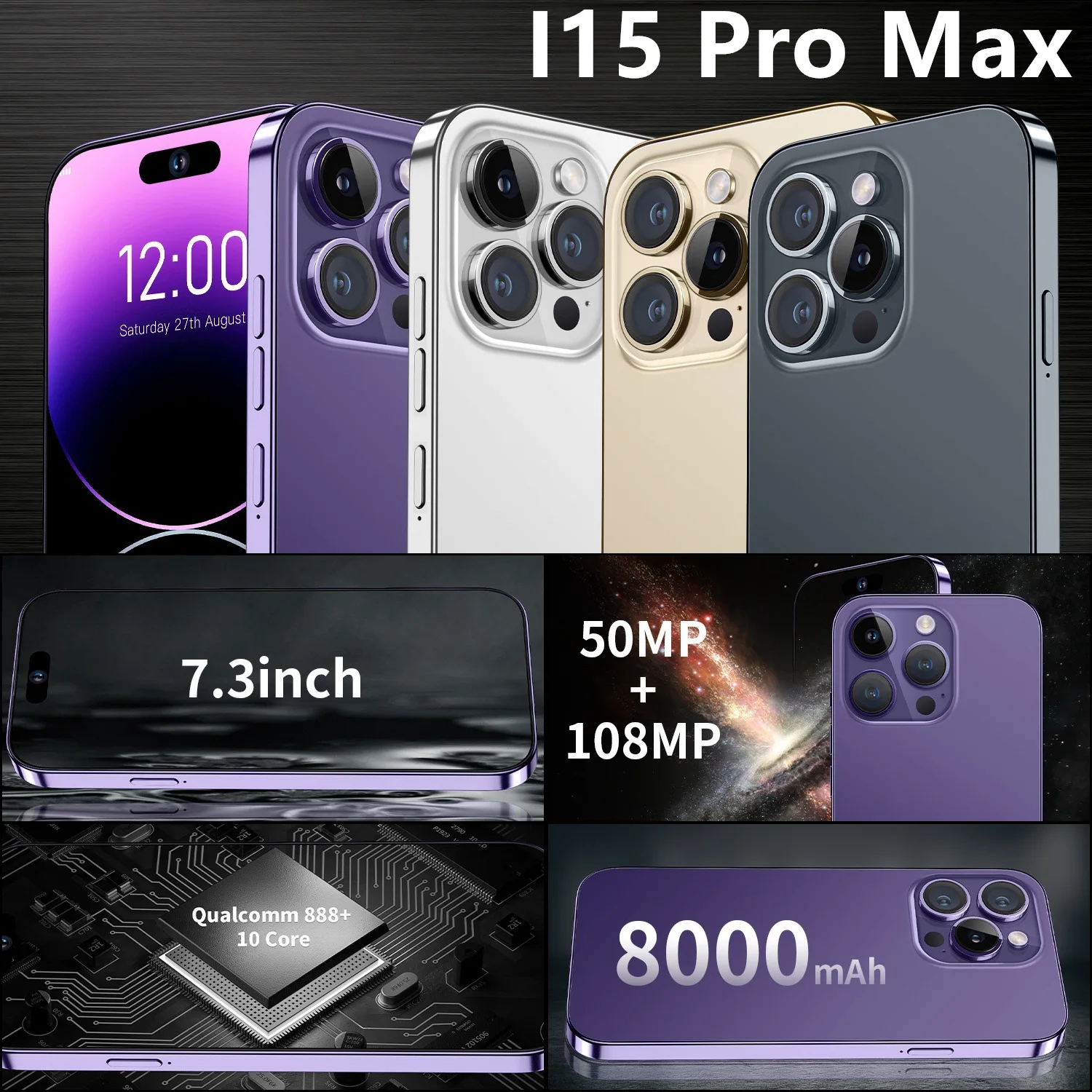 Best 15 Pro Max 4G/5G Dual SIM Smartphone Unlocked 6GB+128GB True Memory HD US Version 8000mAh LTE Cell Phone Gaming 128GB ROM