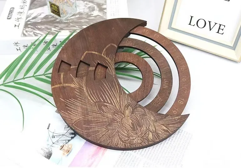 Round rotating wooden perpetual laser engraved wall decoration moon hanging calendar