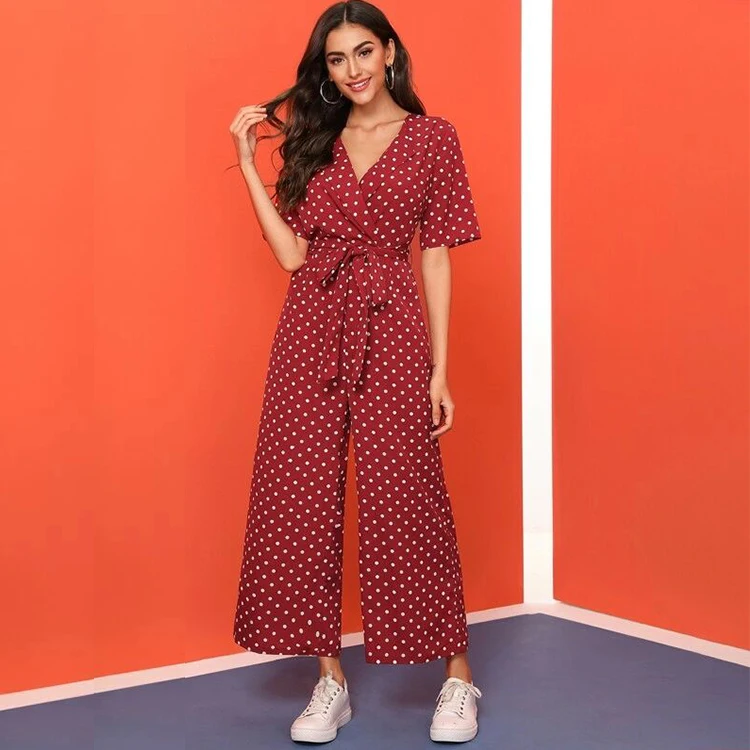 OEM Women Clothing Vendor lapel short Sleeves red Polka Dot Jumpsuit Elegant Casual Women Wide Leg Jumpsuit