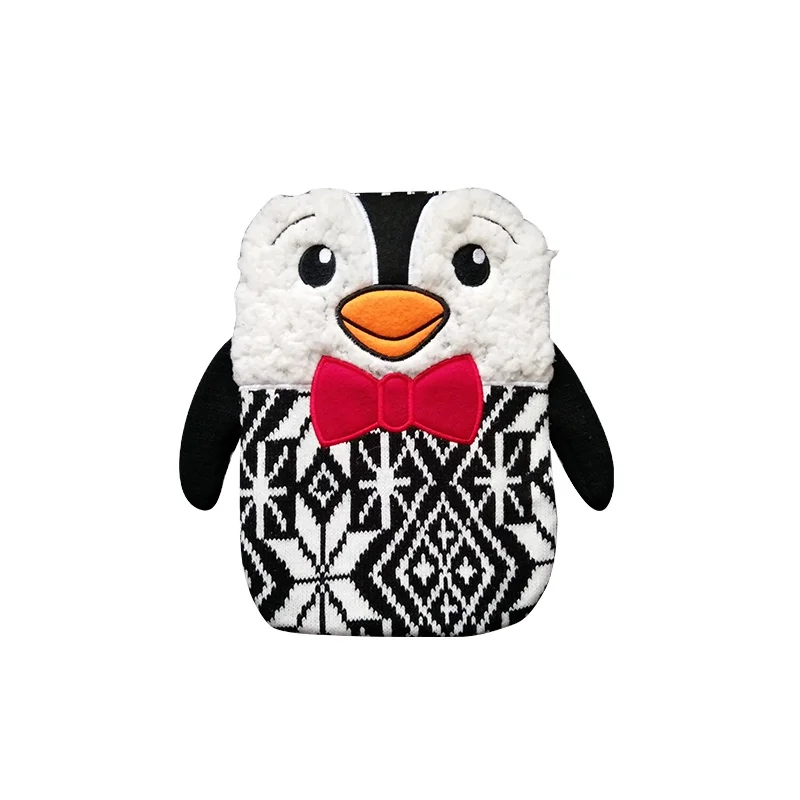 Warm therapy cute plush cartoon animal smiling penguin yarn knitting 1000ML BS rubber hotwater bottle cover with red bow