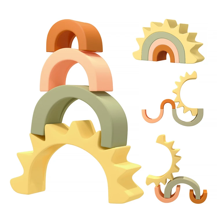 New OEM ODM Sun Silicone Stacking Toys Soft Natural Montessori Teething Baby Teether Sorting Blocks Set